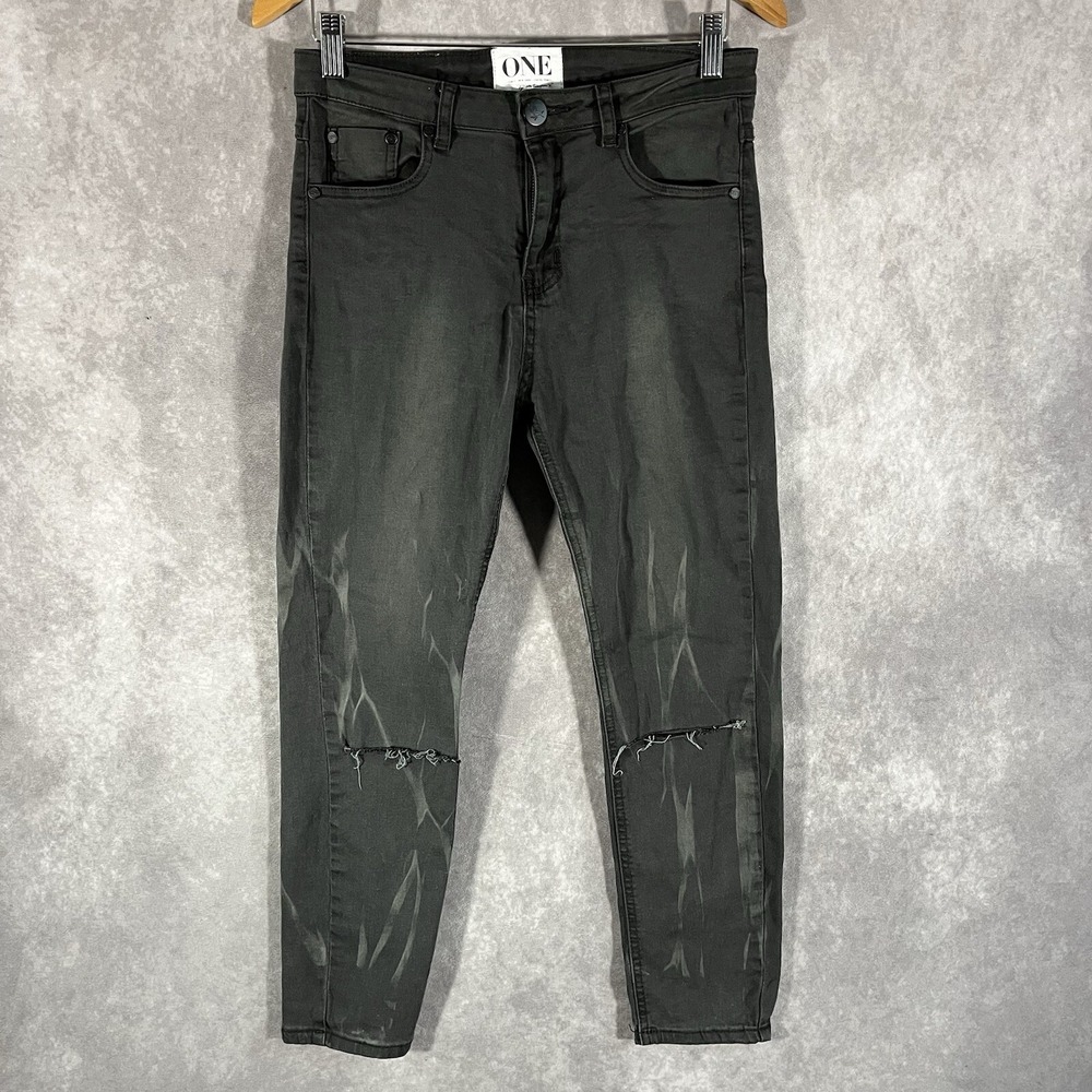 One by One Teaspoon Dixies Jeans Womens 27 Black Distressed Skinny Bleach Wash